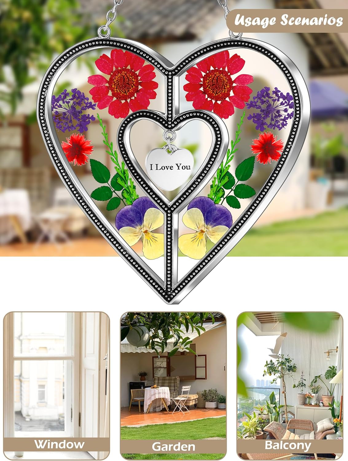 Heart Suncatchers I Love You Stained Glass Hangings for Windows Suncatcher Birthday Gifts for Women Mothers Valentine`S Day Real Flower Glass & Metal Maker for Christmas Party Home Decor