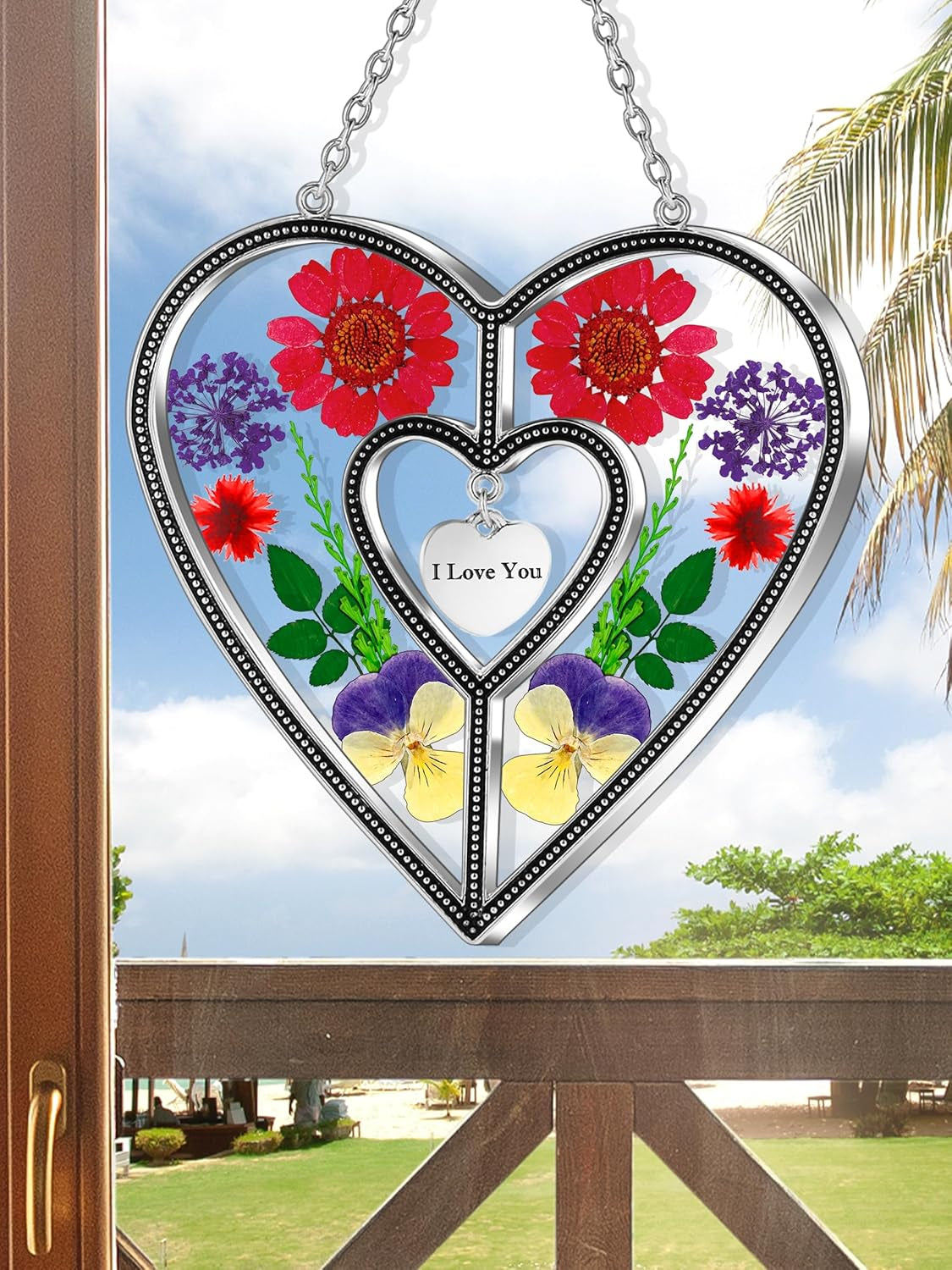 Heart Suncatchers I Love You Stained Glass Hangings for Windows Suncatcher Birthday Gifts for Women Mothers Valentine`S Day Real Flower Glass & Metal Maker for Christmas Party Home Decor