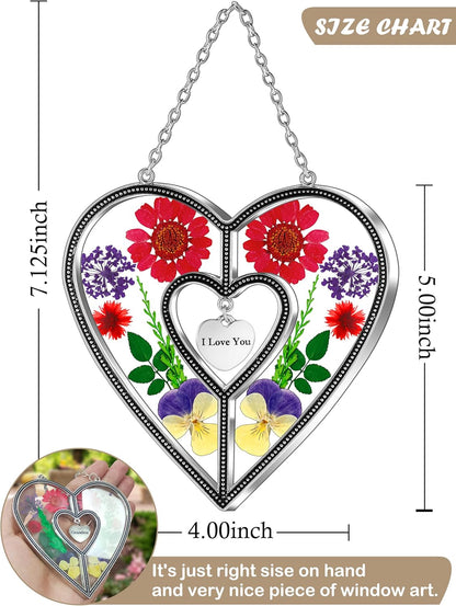 Heart Suncatchers I Love You Stained Glass Hangings for Windows Suncatcher Birthday Gifts for Women Mothers Valentine`S Day Real Flower Glass & Metal Maker for Christmas Party Home Decor