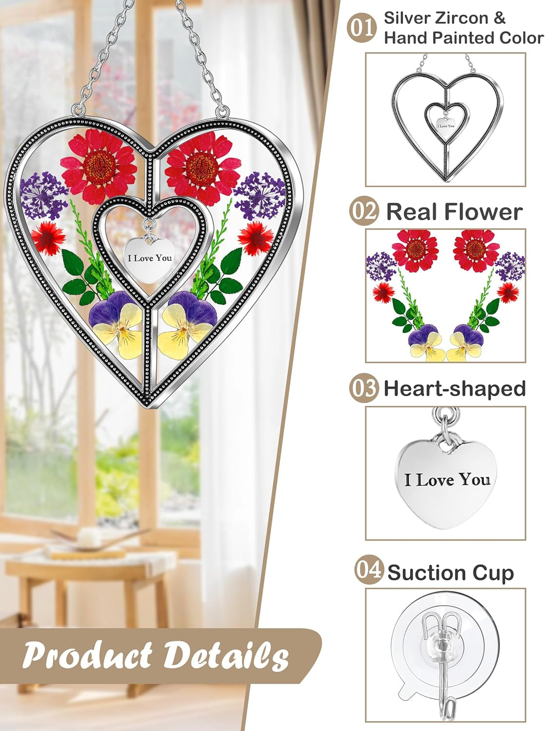 Heart Suncatchers I Love You Stained Glass Hangings for Windows Suncatcher Birthday Gifts for Women Mothers Valentine`S Day Real Flower Glass & Metal Maker for Christmas Party Home Decor